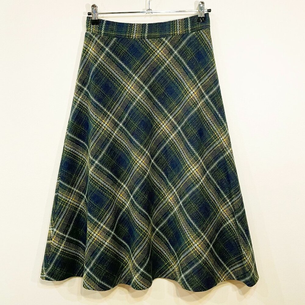 EUC Vintage Plaid Knit A-Line Midi Skirt Olive Navy tag 12, 4-6 fit